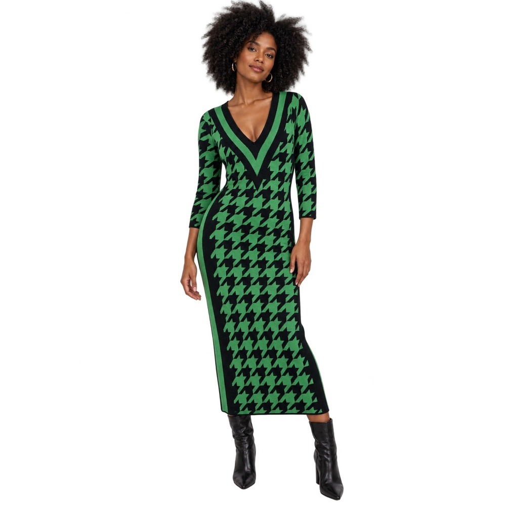 New York & Company Green Black Houndstooth Sweater Midi Dress M